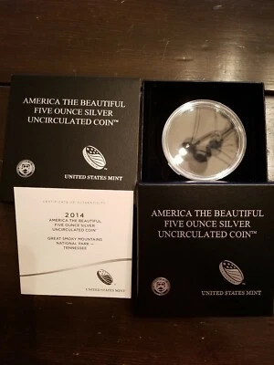 2014 P Great Smoky Mountain 5oz Silver US Mint Box Coa & Capsule ( NO COINS ) - Image 1 of 2