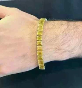 6Ct Emerald Cut Lab-Created Yellow Citrine Men's Bracelet 14K White Gold Plated - Picture 1 of 4
