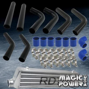 UNIVERSAL 2.5" 8PC BLACK ALUMINUM FMIC PIPING BLUE SILICONE + CHROME INTERCOOLER - Picture 1 of 1