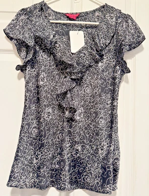 SUNNY LEIGH top shirt blouse M 8 Bust 34 Length 25 Black White Floral Scroll - Image 1 of 2