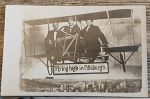c 1915 RPPC Novelty Postcard, "Flying High in Pittsburgh" 3 Men In Airplane - Picture 1 of 2