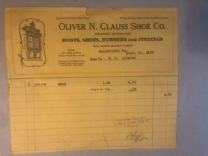Old 1930 - Oliver Clauss Shoe Co. - Allentown PA - Billhead Document - FREE shp - Picture 1 of 5