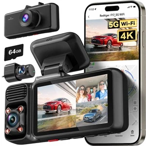 4K 3 Channel Dash Cam, 5GHz WiFi Built-in GPS with 64GB Card, 2160P+1080P+108... - Picture 1 of 7