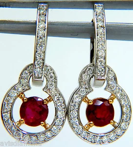 2.40CT NATURAL FINE GEM RED RUBY DIAMOND EARRINGS DANGLE HOOP 14KT++ - Picture 1 of 7
