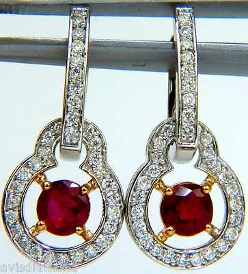 2.40CT NATURAL FINE GEM RED RUBY DIAMOND EARRINGS DANGLE HOOP 14KT++ - Image 1 of 4