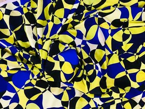 African Print, Elastic Knit Fabric - Yellow, Shades of Blue "Chiasoka", Per Yard - Picture 1 of 5
