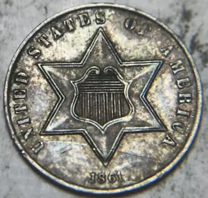 1861 3cs Three Cent Silver. Attractive Circulated Details, Obverse Scratch - Picture 1 of 2
