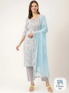 Floral Printed Mirror Work Pure Cotton Straight Kurta &Trousers With Dupatta - Picture 1 of 7
