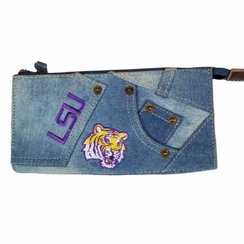 LSU Tigers Womens Wristlet Wallet Blue Purple Zipper Pockets Embroidered 8" X 4" Cover