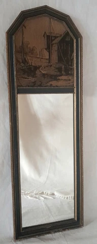 Antique La France Art Co Tapestry Needlepoint Waterfront Fabric Art Mirror 8X26 Cover