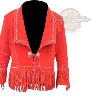 ButtCo Women Red Classic Fashion Genuine Suede Leather Jacket Fringed Tesseled - Image 1 of 4