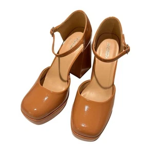 Soda Square Toe Patent Vegan Leather Mary Jane Platform Block Heels, Tan Nude, 9 - Picture 1 of 8