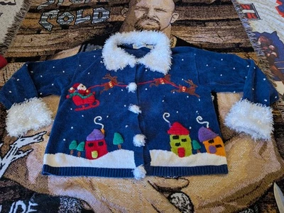 Cardigã Vintage Bellepointe Blue Presents Ugly Santa Village Médio - Imagem 1 de 4