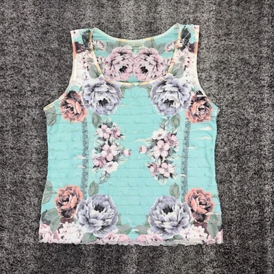 Dressbarn Women's Petite Large Floral Tank Top Sleeveless Aqua Blue Ruffle Trim - Image 1 of 4
