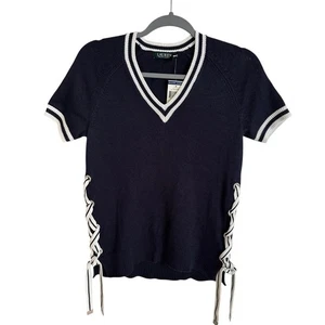 Maglione Lauren Ralph Lauren Small blu navy nautico scollo a V nuovo con etichette cravatte laterali - Foto 1 di 7