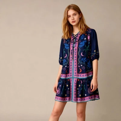 $398 Nuevo sin Etiquetas Johnny Was Mezcla de Seda Floral Mini Vestido Talla XS Con Cordones Estrellas Luna Foto 1 de 4