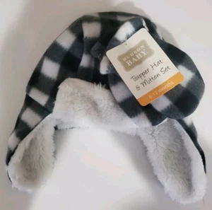 Hudson Baby Unisex Baby Fleece Trapper Hat and Mitten Set Black White Plaid - Picture 1 of 4