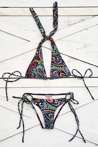 NEW Vintage Y2K TRUE RELIGION Boho Paisley Halter Bikini Swimsuit Swimwear S - Picture 1 of 11