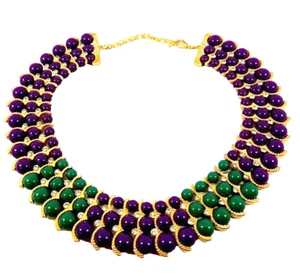 IMAN Statement Halsband Halskette lila grün Perlen Strass goldfarben - Bild 1 von 8