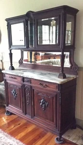 Antique French Walnut Sideboard Marble Top, Mirrors, Beveled Glass Curio Top - Picture 1 of 6