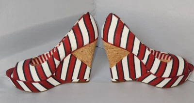 Gianni Bini Candy Cane rojo blanco y azul cuña 8" zapatos tacón alto talla 10 corcho Foto 1 de 4