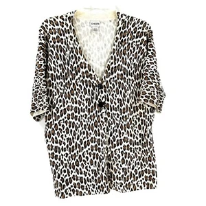 Chico's Women's Silk Cardigan Sweater Leopard Print Short Sleeve Size XL Brown - Picture 1 of 8