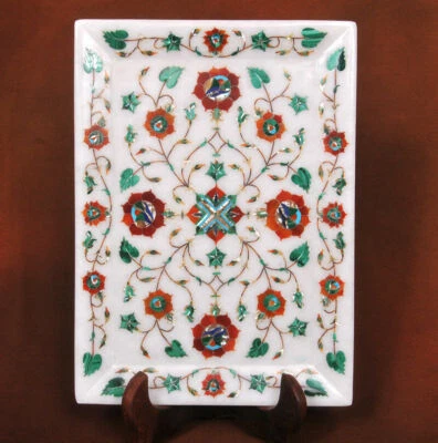  Bandeja de mármol arte floral incrustación piedras semipreciosas hechas a mano decoración para el hogar Foto 1 de 4