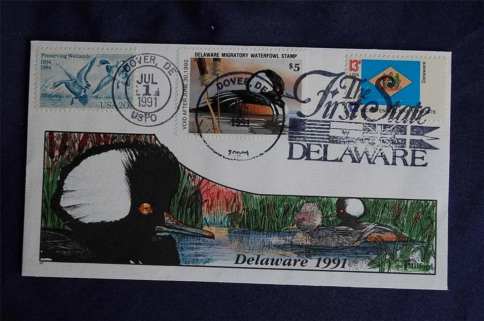 Milford Delaware 1991 $5 Duck Stamp FDC HP Collins Sc#DE12 W/2092 & 1633 - Image 1 of 1