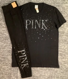 Camiseta Victoria's Secret Rosa Bling Estrás Campus + Juego de Leggings 7/8 Negra L XL - Imagen 1 de 12