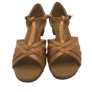 Zapatos de baile de salón muy finos para mujer talla 6, correa en T satinada tostada tacón de 1" 16612 pies - Imagen 1 de 7