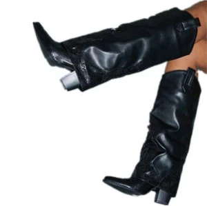Mujeres Botas Altas a la Rodilla Deslizantes Pasillo Puntera Puntera Puntera Montada Imitación Piel de Oveja Tacón Alto L - Imagen 1 de 13