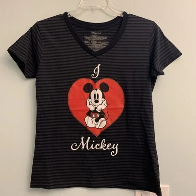 迪士尼商店女式条纹灰色爱情米奇心 V 领 T 恤上衣,尺寸 L — 第 1/4 张图片