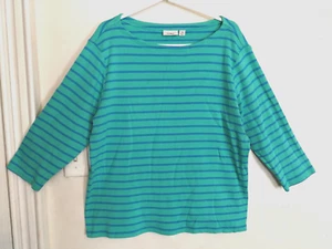 LL Bean Womens Sweater 2X Plus Green Blue Striped Knit 3/4 Sleeve Career Office - Picture 1 of 4