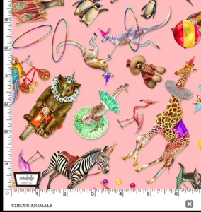 A NIGHT AT THE CIRCUS ANIMALS ON PINK BY MICHAEL MILLER VINTAGE RETRO FABRIC HY - Picture 1 of 2