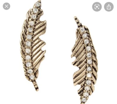 Betsey Johnson Gold Tone Crystal Feather Stud Earrings $25. BA-7 - Image 1 of 4