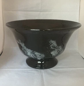 lg Black Glass Footed Bowl 11.25" Centerpiece Art Glass gray wisps unbranded 80s - Picture 1 of 14