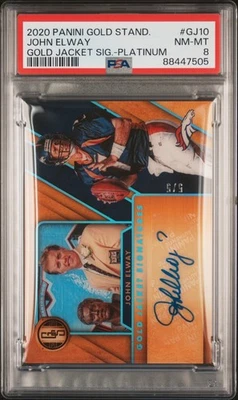 JOHN ELWAY #5/5 2020 PANINI GOLD STANDARD JACKET SIGNATURE PLATINUM AUTO PSA 8 - Image 1 of 3