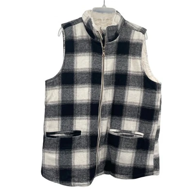 Maurices Womens Plaid Vest Fleece Lined Full Zip Black/Ivory Size Medium New - Image 1 of 4