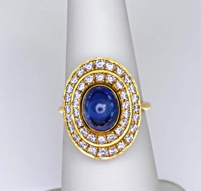 Oval Blue Cabochon & Diamond 18k Gold Ring - Image 1 of 4