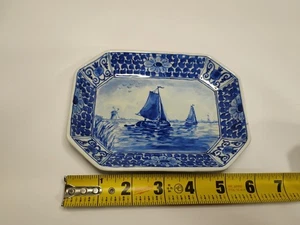 Dutch Delft Sailing Ship 6" X 4.5" Rectangular Tray Signed Horizontal  - Picture 1 of 9