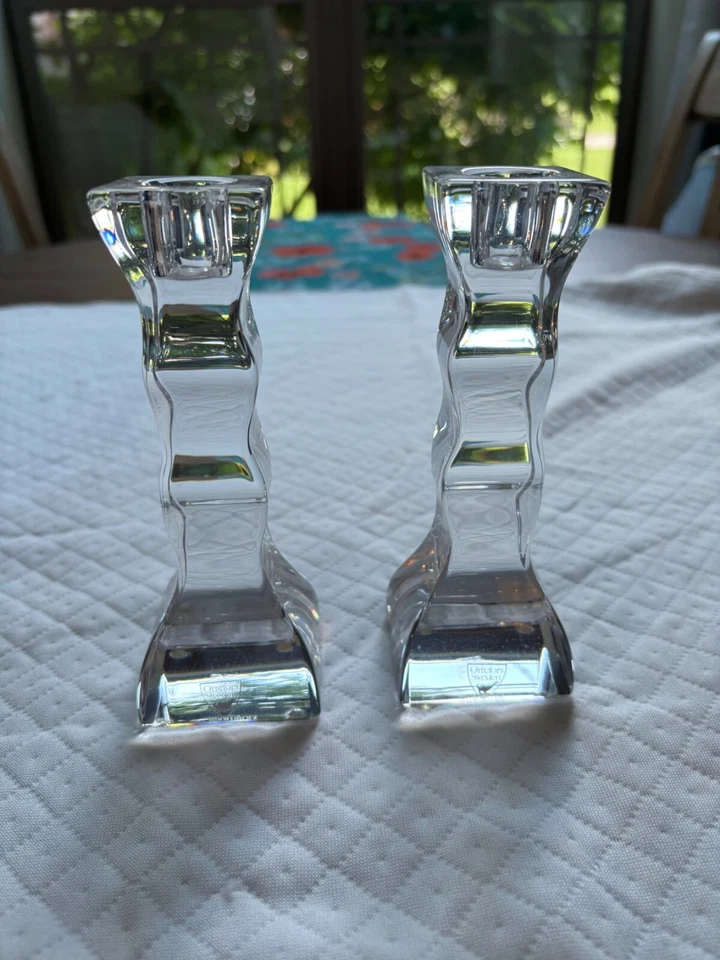 Pair Orrefors Sweden Cruise Crystal Wavy 6-1/8" Candlesticks Wavy Signed - Image 1 of 4