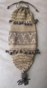 Antique Beige Crochet Silver Steel Bead 43 Ball Tassels Drawstring Flapper Purse - Picture 1 of 16