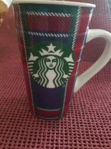 2017 Starbucks 16 oz Coffee Mug White Red Blue Tartan Scottish Plaid Holiday - Picture 1 of 4