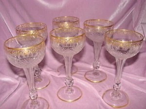 CUT GLASS FRENCH HOLLOW STEM CHAMPAGNE- iNTRICATE CUTS, SCROLLS ETCHED GOLD - Picture 1 of 23