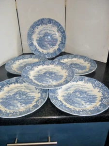 Vintage "English Village" Salem Staffordshire 6x Blue & white Dinner Plates 10" - Picture 1 of 3