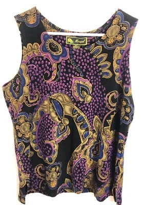 Mirasol 紫色蓝色多佩斯利无袖背心 L 码弹力 Artsy Boho — 第 1/4 张图片