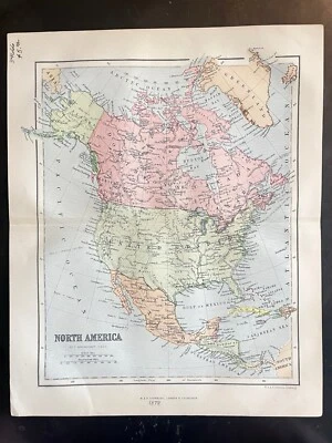 Редкая антикварная карта 1878 г. Северная Америка США Канада Мексика Аляска 12 дюймов x 10 дюймов - Изображение 1 из 4
