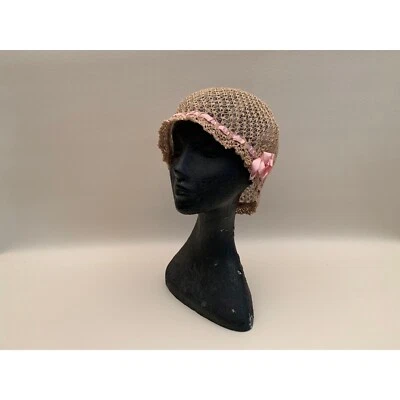 Antique Edwardian Victorian Ecru Crocheted Lace with Pink Silk Ribbon - Image 1 of 4