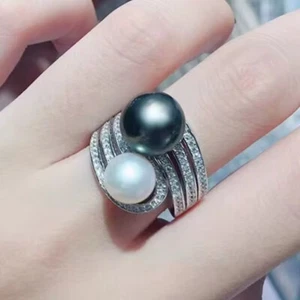 elegant 8-9mm9-10mm tahitian round black green white pearl ring 925s(t) - Picture 1 of 3