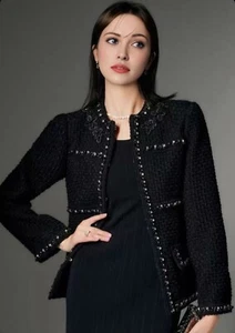 Handmade Tweed Boucle Heavy Embroidery Black Wool Jacket Floral Pattern Size M - Picture 1 of 9